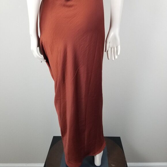 House Of Harlow 1960 Revolve Brown Satin Long Ruche Detail Side Slit Dress Sz XL - Picture 5 of 13